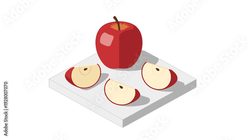 red apple and three sliced pieces on white cutting board isometric illustration