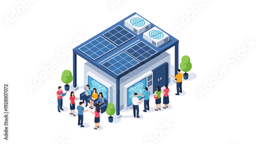 isometric solar panel building with people around in modern flat style sustainable energy concept