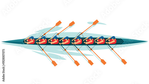 top view of rowing team in boat with oars in flat style sport illustration