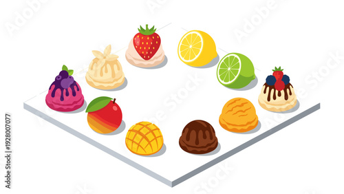 assorted hand drawn colorful fruits and desserts collection with berries and citrus elements