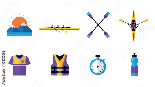 collection of hand drawn rowing sport equipment and related icons with mountains and sun illustration