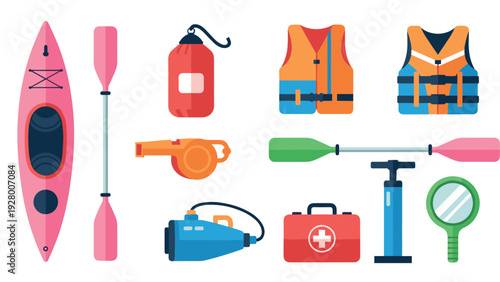 set of flat style kayaking equipment with kayak paddle life jackets whistle first aid kit and pump