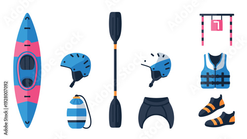 kayaking gear set with hand drawn kayak life jackets helmets paddle waterproof bag and water shoes