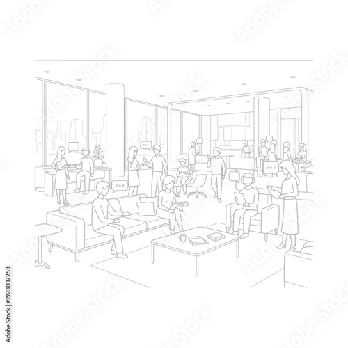 Busy modern office lounge area with employees working on laptops collaborating and relaxing in a bright spacious environment with glass walls