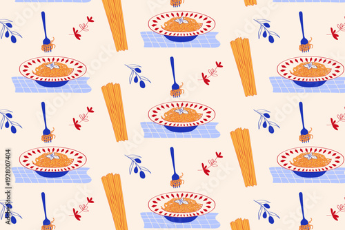 Italian Pasta Plates and Spaghetti Ingredients Vector Kitchen Pattern