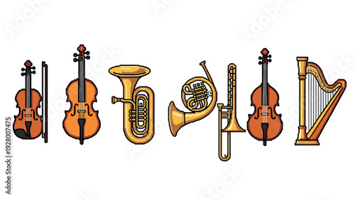hand drawn classical music instrument collection with violin cello tuba french horn trombone and harp in flat style