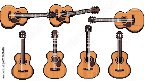 set of hand drawn acoustic guitars vector illustration with pixel art style musical instruments collection