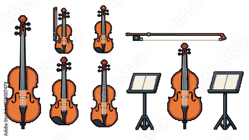 collection of hand drawn string instruments violin and cello with music stands and bow in cartoon style