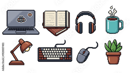 pixel art set of workspace objects including laptop book headphones coffee lamp keyboard mouse and plant