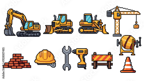 construction machinery and tools pixel art set hand drawn collection of excavator bulldozer crane and safety equipment
