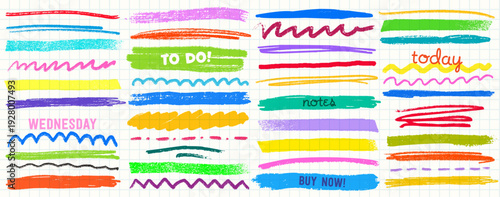 Crayon line highlight strokes and scribble underlines in bright red, blue, gr...