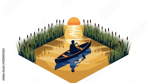 silhouette of a person paddling a canoe on a river at sunset in hand drawn style