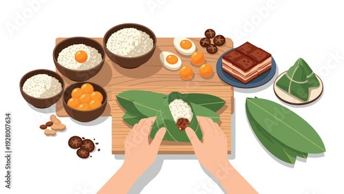 hands wrapping sticky rice and ingredients in lotus leaves for traditional asian dessert preparation in flat style