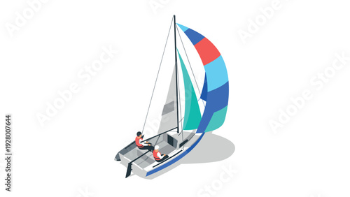 sailboat with two people wearing life jackets sailing with colorful sails in isometric style