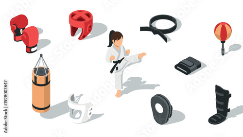 female martial arts fighter kicking with isometric boxing and karate training equipment set