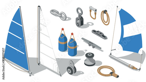 set of sailing boat parts with sails ropes blocks and fenders in isometric style