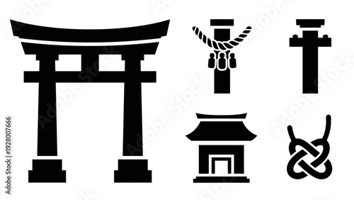 set of Japanese torii gate elements and traditional knot silhouettes in black and white vector style for cultural design