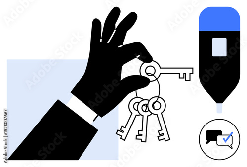 Hand holding multiple keys, speech bubble with dialogue and checkmark, and highlighter. Ideal for leadership, security, communication, problem-solving, decision-making innovation teamwork. Simple