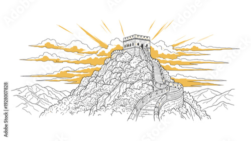 hand drawn illustration of the great wall of china with mountains and sunrise background