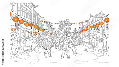 chinese dragon dance parade with lantern decorations hand drawn cultural celebration street scene