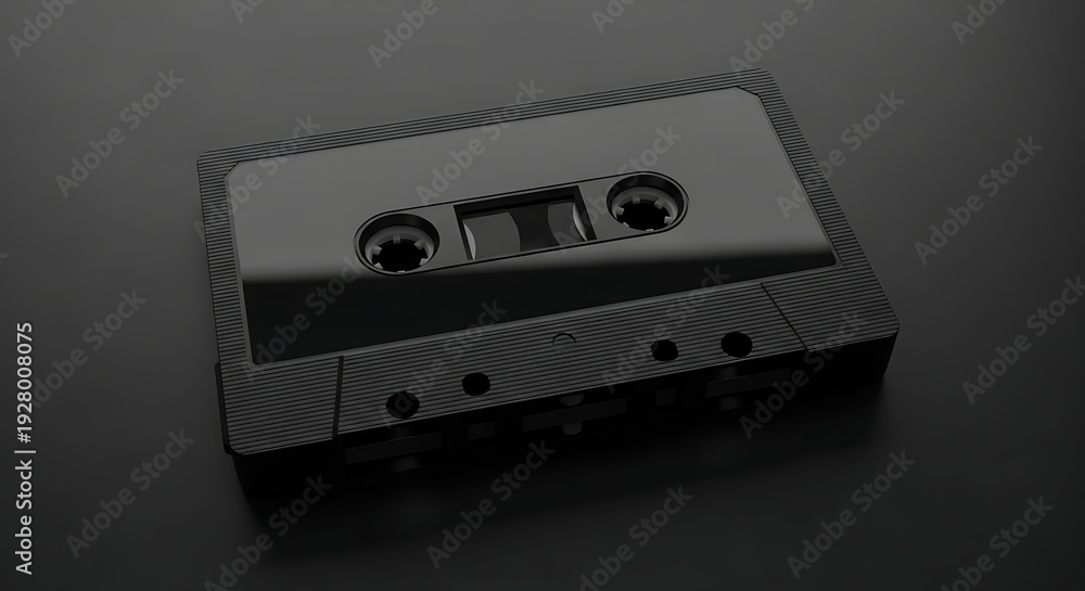 Fototapeta premium Close-up shot of a black audio cassette tape on a dark surface, retro technology.