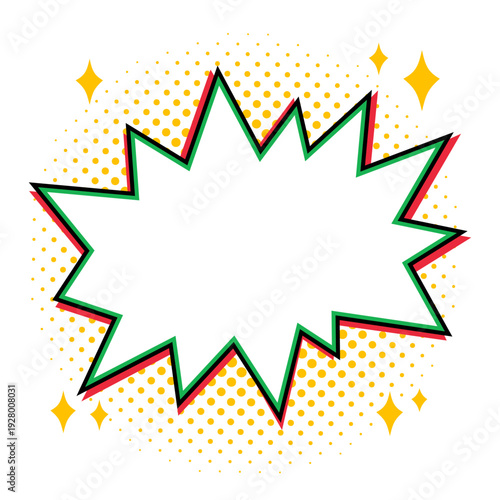Comic starburst shape with blank center, green and red outline burst with yellow halftone dots and sparkle accents in retro pop art vector style. Starburst shape sticker for promo banners and sale