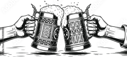 Two hands clinking beer mugs together in a toast, celebrating friendship and camaraderie in a lively atmosphere