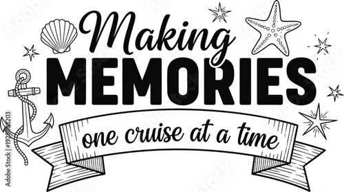 Cruise ship sailing through the ocean with anchor and stars surrounding it