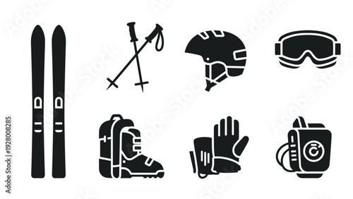 set of hand drawn ski equipment icons including skis poles helmet goggles boots gloves and backpack