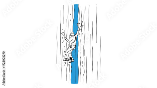 person ice climbing with pickaxes hand drawn line art winter sport illustration