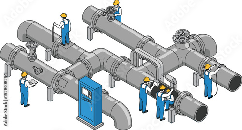 Industrial pipeline system maintenance workers operating valves and control panel, oil gas infrastructure engineering process, factory equipment vector illustration