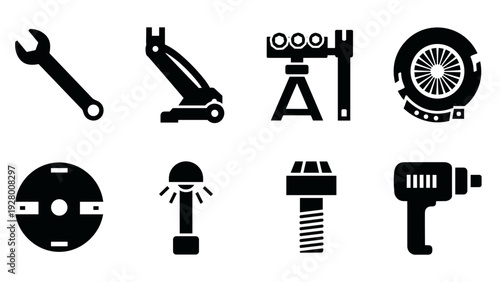 set of construction and mechanical tools icons in solid black silhouette style