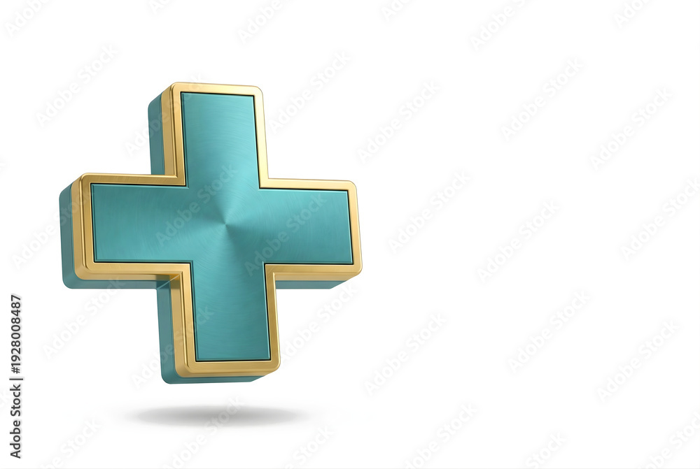 Fototapeta premium Top down flat lay of 3D metallic medical cross icon teal gold premium healthcare symbol isolated