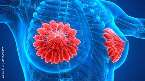 Detailed 3D depiction of red female mammary glands, on blue background