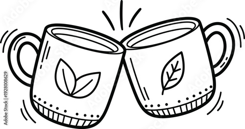 Two mugs with leaf designs toasting together, symbolizing friendship and warmth in a simple line art illustration