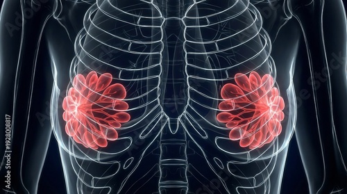 Detailed 3D depiction of red female mammary glands, on dark background