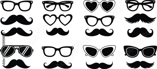 A collection of various mustache and glasses illustrations in a grid pattern on a plain background from a straightforward viewpoint
