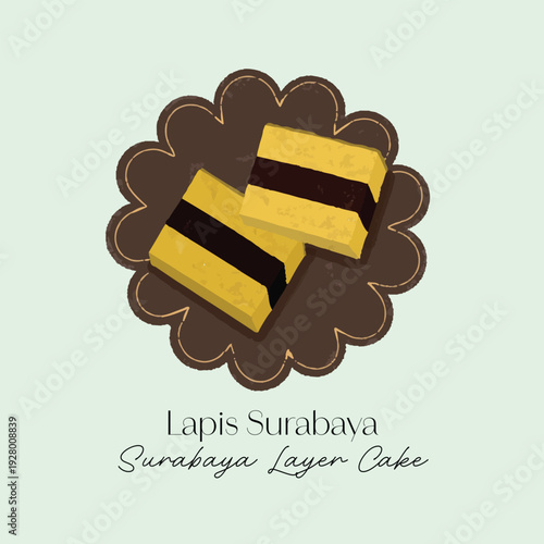 Hand drawn illustration traditional Indonesian market cake lapis Surabaya in layered slices on simple background for culinary branding, menus, packaging, food blogs, cultural education materials.