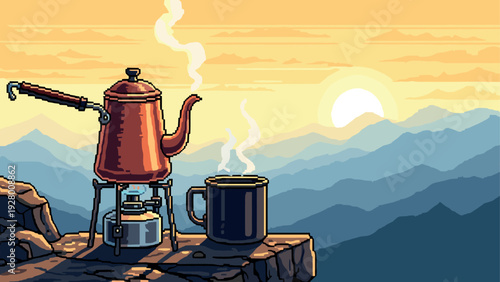 pixel art scene of coffee brewing with kettle and mug on mountain cliff at sunrise