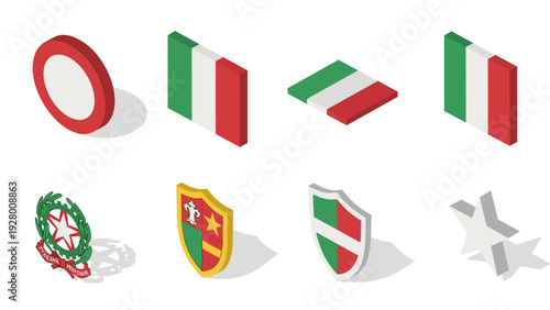isometric italian flag and emblem icon set with shields stars and symbols in flat design