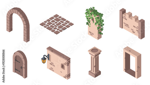 isometric medieval stone architecture elements set with arch door column wall and cobblestone path in hand drawn style
