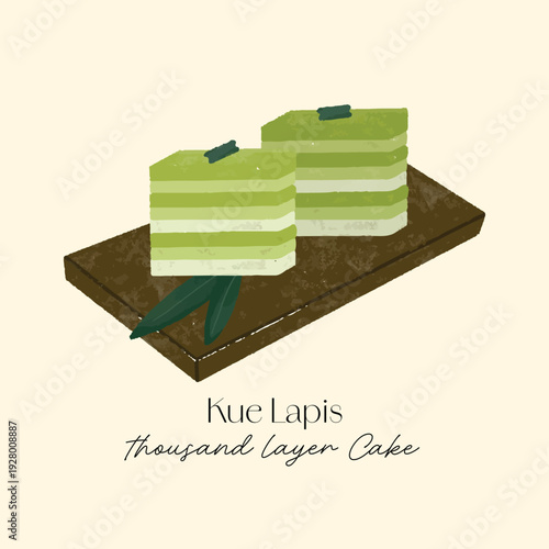 Hand drawn illustration traditional layered market cake kue lapis on clean background ideal for culinary branding, menu design, packaging, food blogs,  cultural education materials.