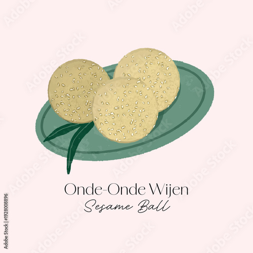 Hand drawn illustration shows traditional onde onde sesame balls.Golden round snacks on clean background ideal for culinary branding, menu design, packaging, food blogs, cultural education materials.