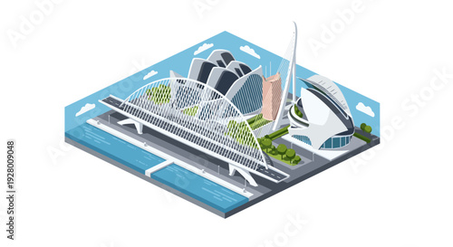 isometric view of modern city bridge and futuristic buildings hand drawn vector illustration