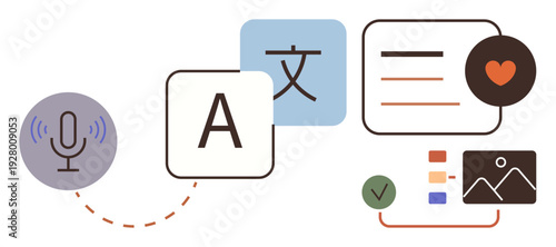 Language translation, AI tools, speech recognition, user interface, global communication, content creation. ion of translation icons, speech and digital elements. Language translation and AI tools