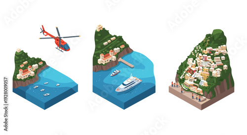 isometric coastal town and yacht harbor with helicopter scenic travel collection