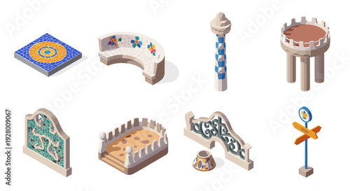isometric mosaic elements architectural decorations set with benches towers fences and directional sign in colorful style