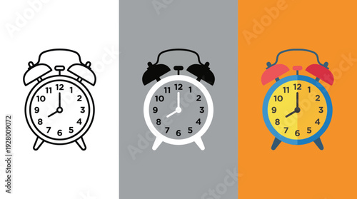 Alarm Clock Set on White, Gray, and Orange Backgrounds in Different Styles