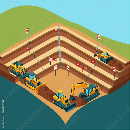 Open pit mine excavation with heavy machinery and layered terrain.