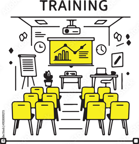 Training room setup with yellow chairs and presentation equipment isolated on transparent background